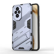 Rugged silver/gray armor suojakotelo with kickstand and geometric design