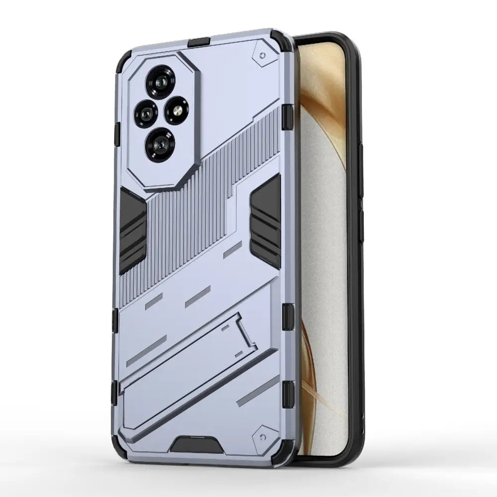 Rugged silver/gray armor suojakotelo with kickstand and geometric design