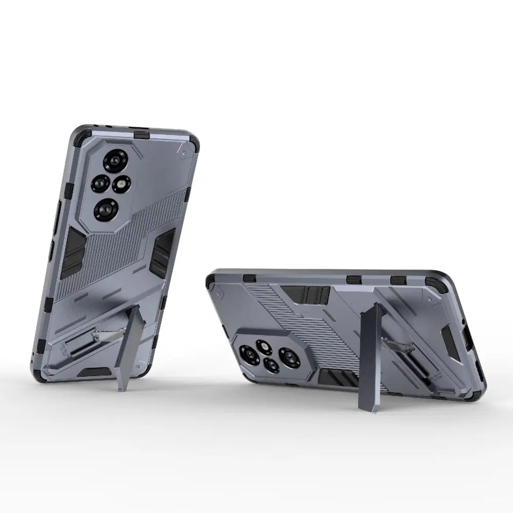 Harmaa Pro Armor Suojakotelo geometristen muotoilujen ja kickstandin kanssa