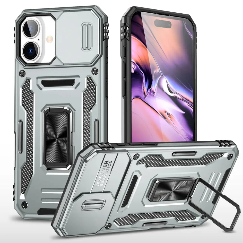 Rugged iPhone 16 Plus Armor suojakuori harmaa, sisäänrakennetulla jalustalla