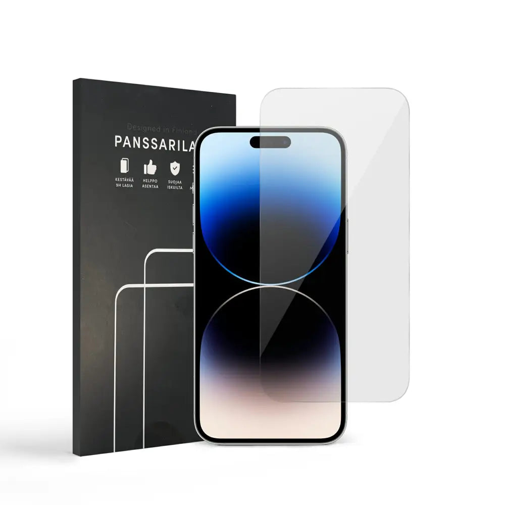 IPhone 16 Pro Max Panssarilasi pakkaus, suojalasi ja iPhone näyttö
